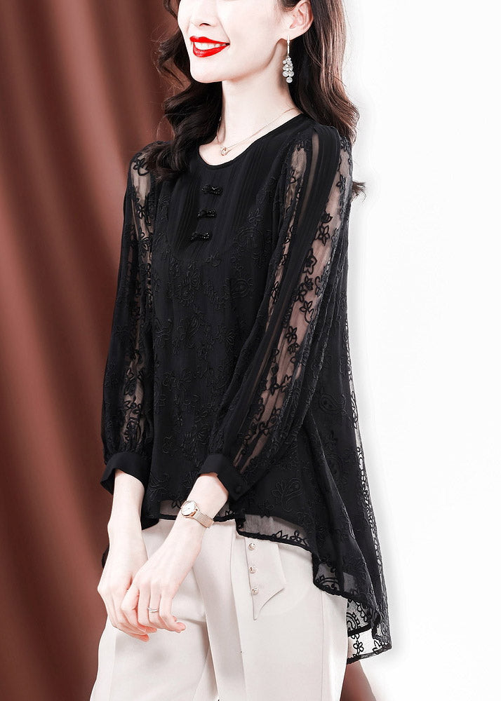Black O-neck Button Low High Design Tulle Embroideried Silk Tops Long Sleeve