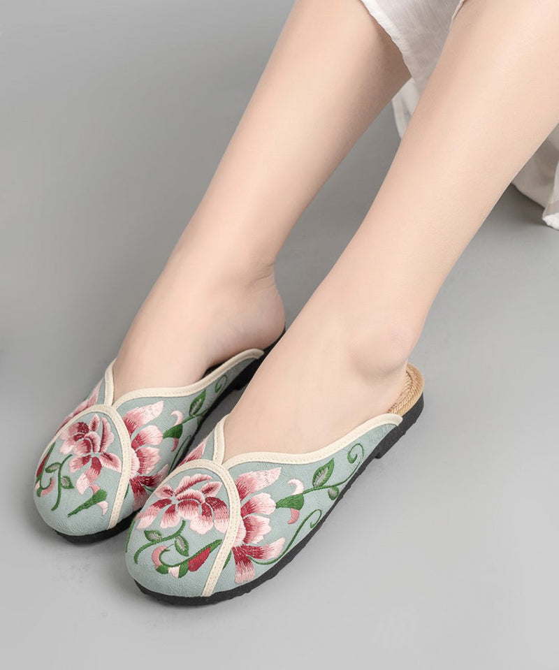 Green Linen Fabric Embroideried Comfy Slide Sandals