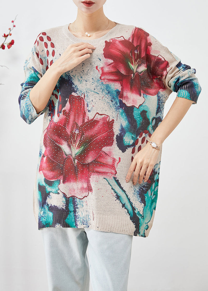 Diy Beige Oversized Print Knit Pullover Fall