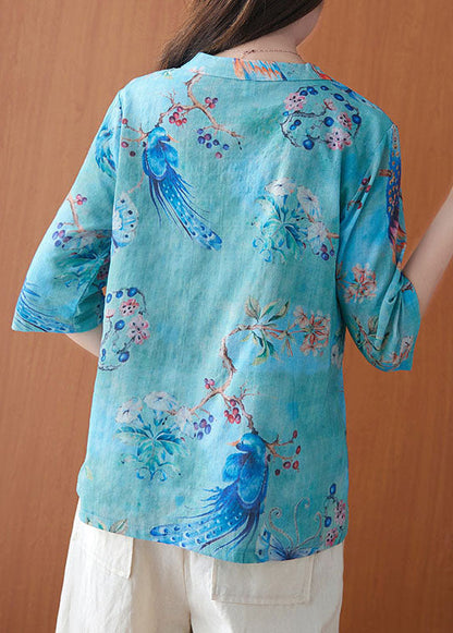 Blue Stand Collar Print Button Tops Spring