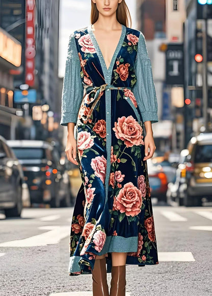 Art Peacock Blue Patchwork Silk Velour Long Dresses Spring