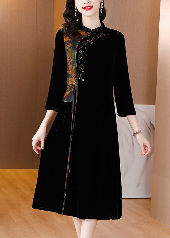 Black Print Embroideried Tassel Silk Velour Maxi Dresses Fall