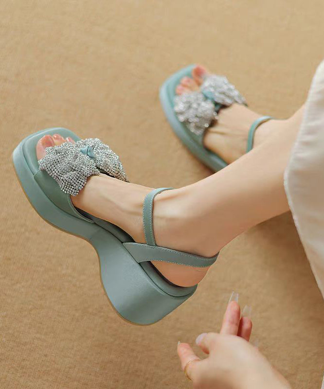 Zircon Bow Splicing Wedge Sandals Blue Cowhide Leather
