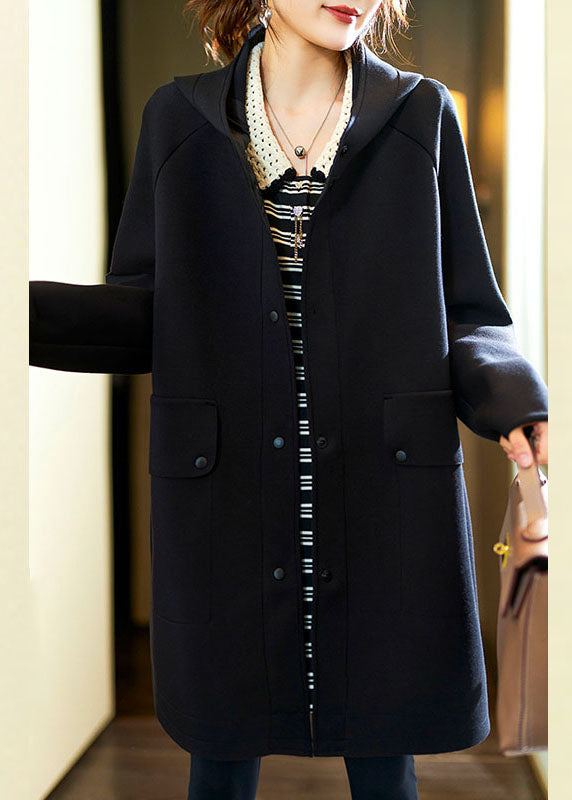 Dark Blue Button Hooded Fleece Coats Fall