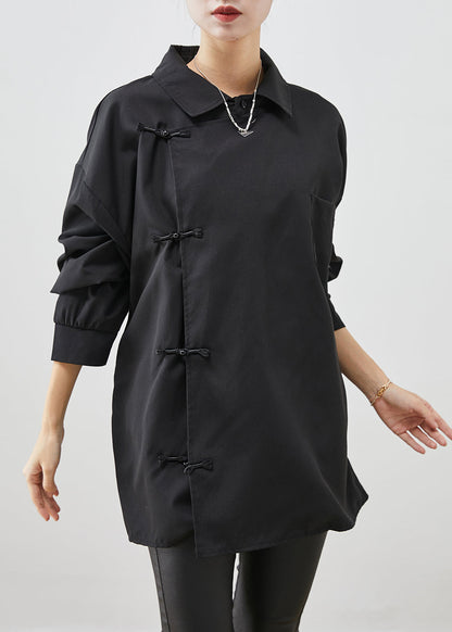 Black Peter Pan Collar Chinese Button Cotton Shirt Top Fall