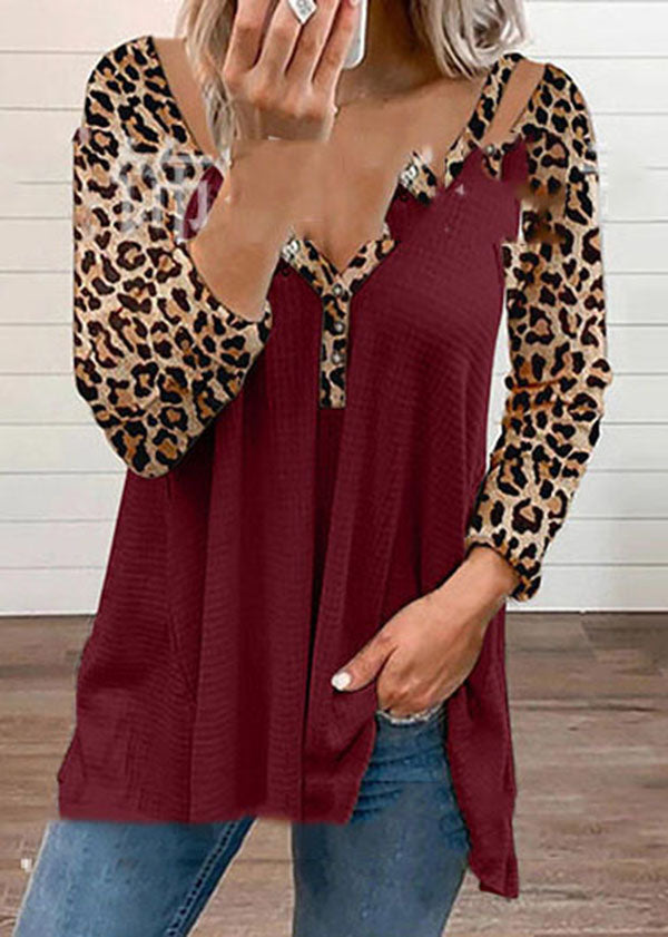 Black V Neck Asymmetrical Design Patchwork Leopard Print Top Long Sleeve