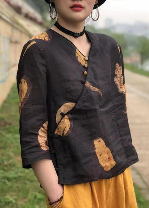 Black Button Print Linen Shirt Top Half Sleeve