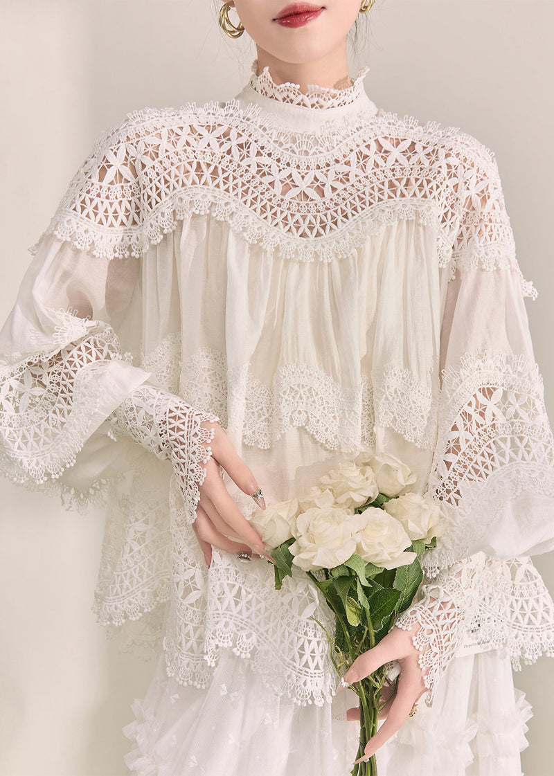 White Turtleneck Hollow Out Lace Top Fall