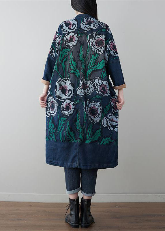 Denim Blue V Neck Patchwork Print Cotton Coats Spring