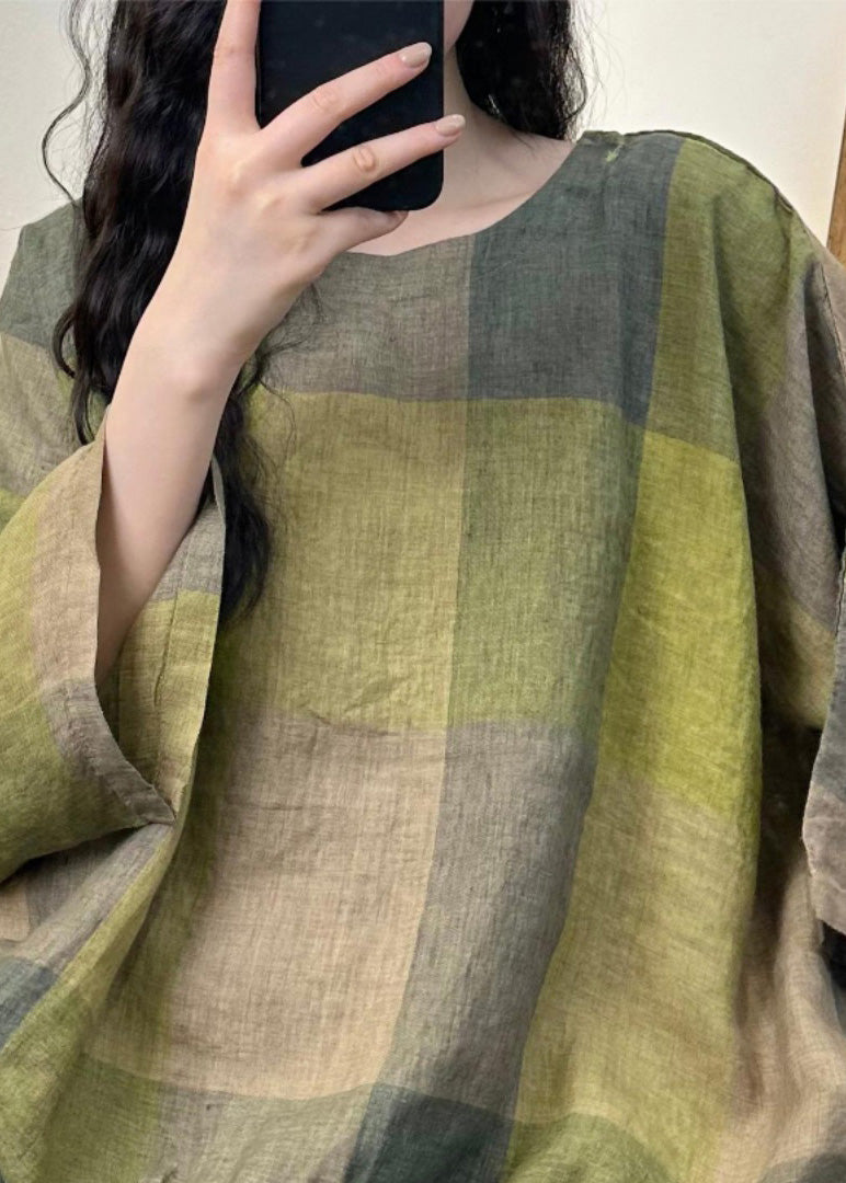 Blue Plaid O-neck Cotton Top Batwing Sleeve