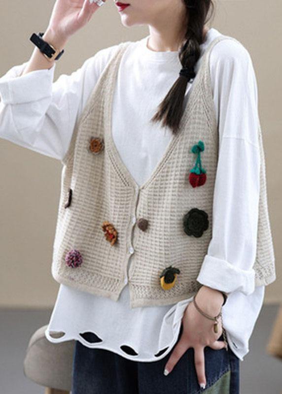 Beige V Neck Fall Button Sleeveless Knit Vest