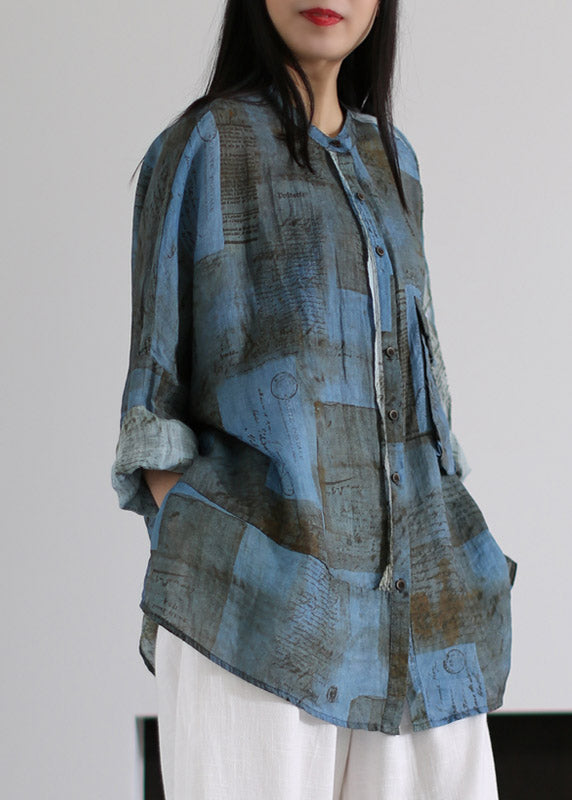 Loose Blue O-neck Print Button Pockets Linen Tops Long Sleeve