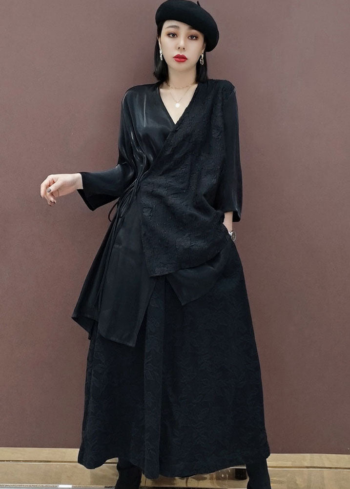French Black Tie Waist V Neck Print Tops Wide Leg Pants Two Piece Outfit Spring