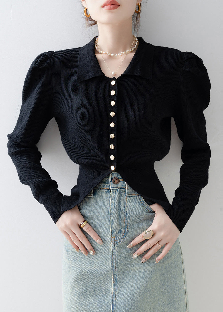 Black Silm Fit Knit Cardigan Side Open Puff Sleeve
