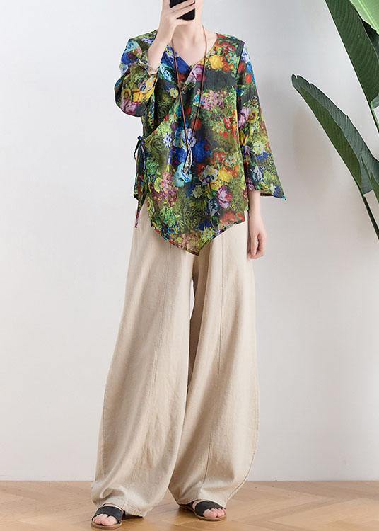 Green Print Tie Waist Linen Summer Shirt Top