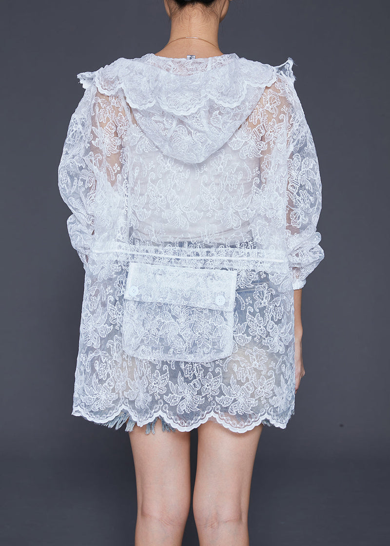 White Embroideried Drawstring Pockets Cotton Coat Outwear Fall