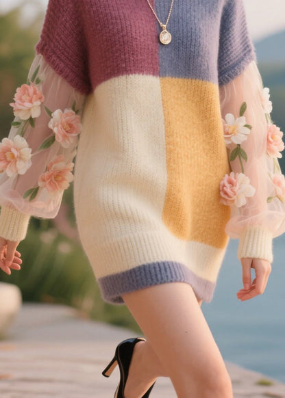 Art Colorblock O Neck Tulle Knitwear Dress Fall