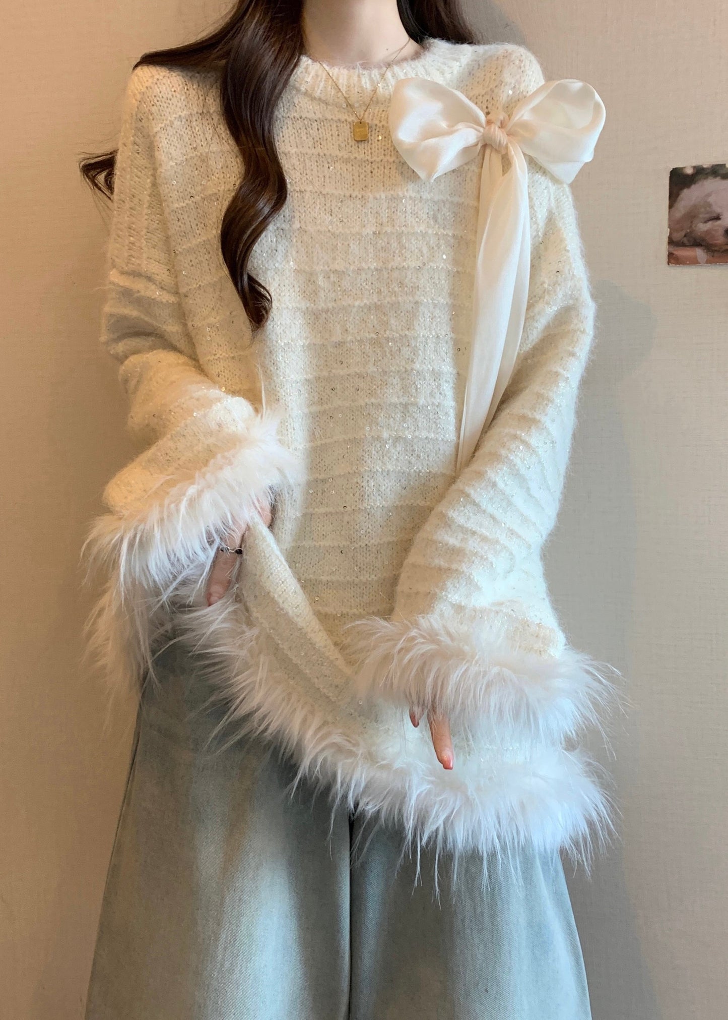 White Patchwork Faux Fur Knit Sweaters Oversized Fall