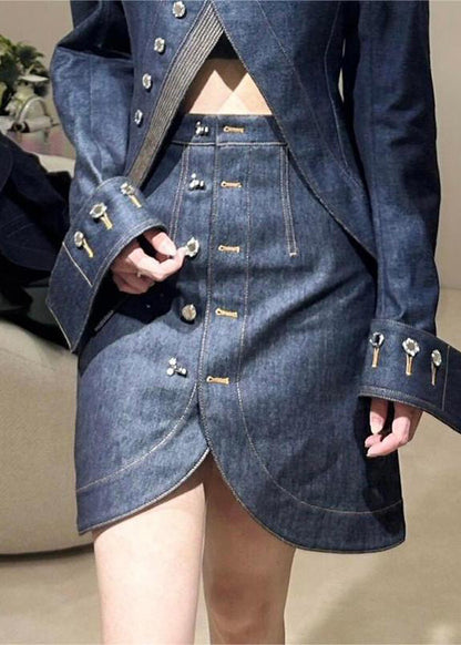 Blue Turtleneck Asymmetrical Patchwork Denim Coats and Skirts Two Pieces Set Fall