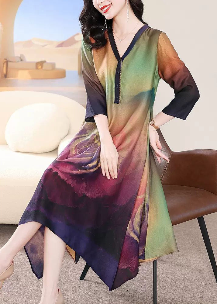 French Colorblock V Neck Print Silk Long Dress Bracelet Sleeve Summer