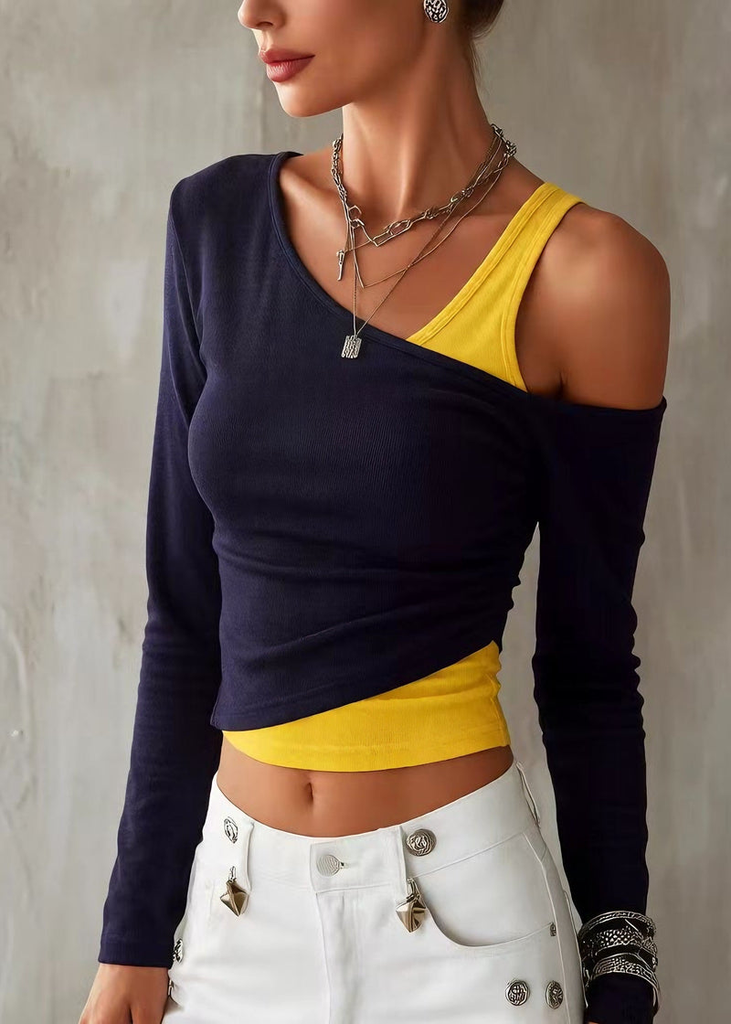 Navy Cold Shoulder Patchwork False Two Pieces Cotton T Shirt Spring