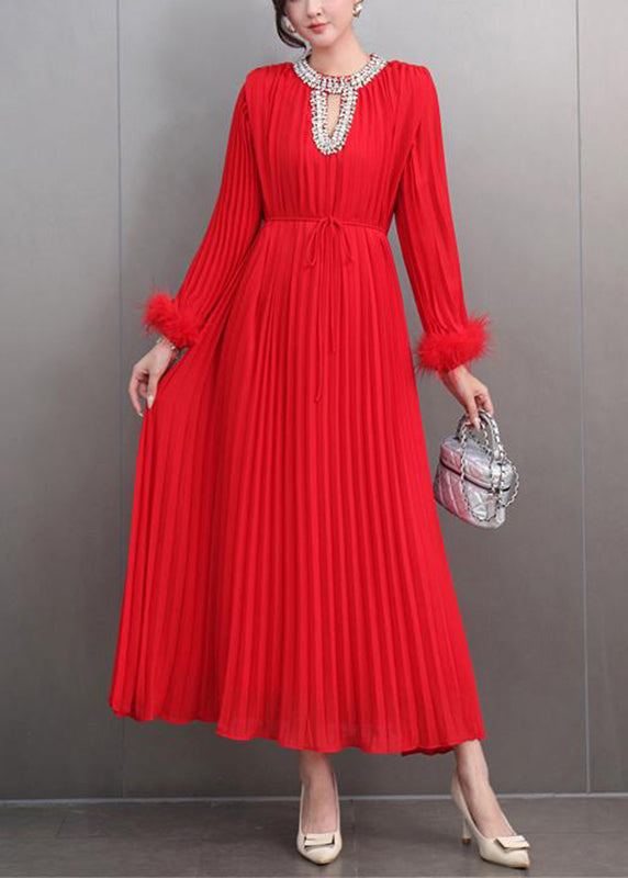 Italian Red O-neck Wrinkled Patchwork Zircon Maxi Dresses Spring