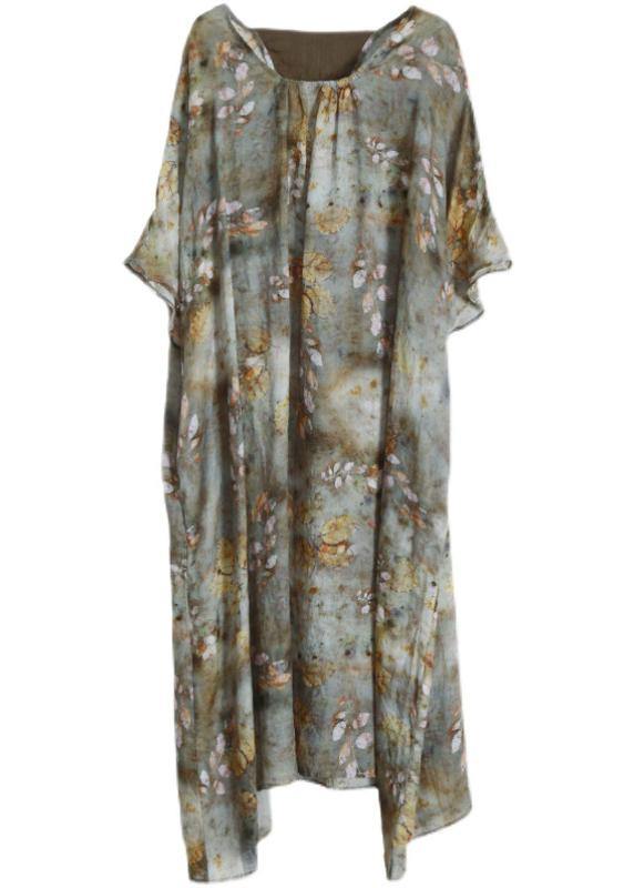 Grey Green Print Linen Pockets Summer Dresses