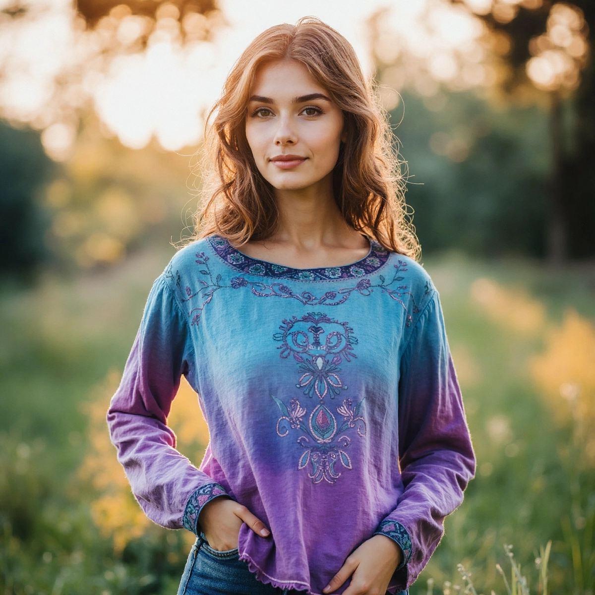 Retro Floral Art Embroidery Print Cotton And Linen Blend Loose Blouse artswardrobe