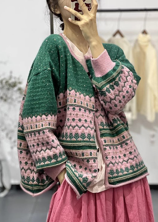 Green O Neck Embroideried Button Knit Cardigans Fall