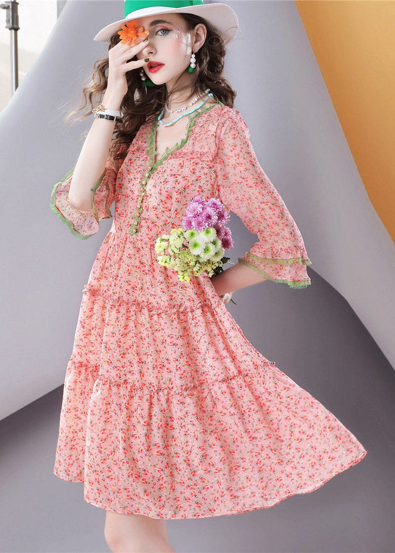 Stylish Pink V Neck Nail Bead Print Silk Mid Dresses Summer