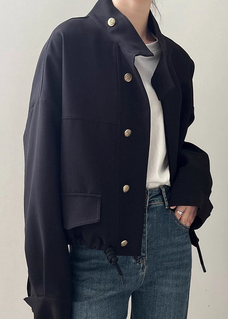 Khaki Stand Collar Patchwork Drawstring Coat Long Sleeve