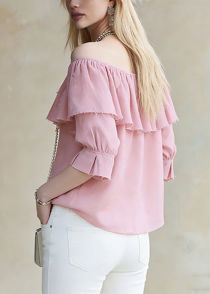 Red Slash Neck Ruffled Patchwork Top Half Sleeve