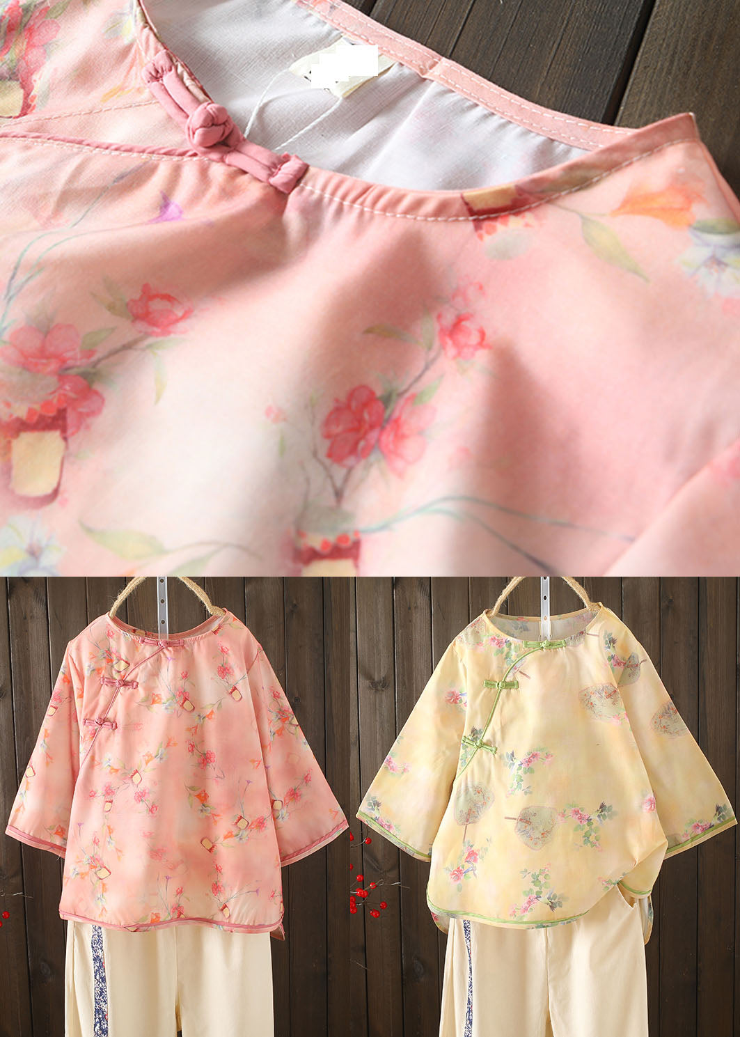 Pink Asymmetrical Print Cotton Linen Blouse Tops Bracelet Sleeve