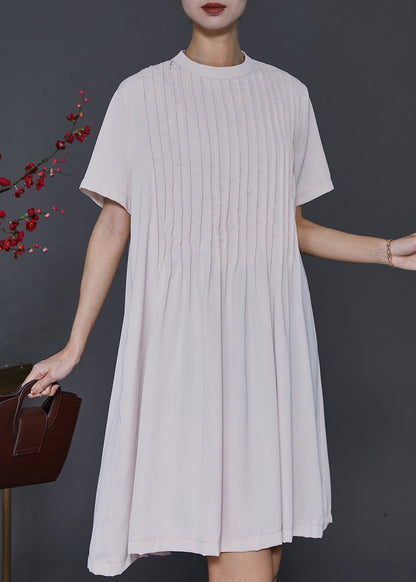 Apricot O-neck Wrinkled Cotton Dresses Summer