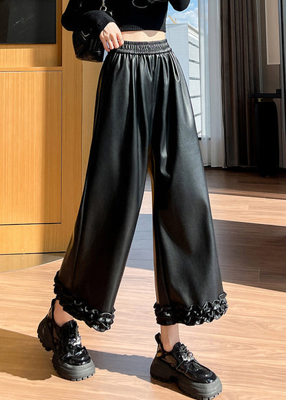 Black Pockets Elastic Waist Faux Leather Wide Leg Pants Ruffled