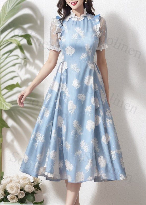 Blue Ruffled Print High Waist Silk Dress Summer