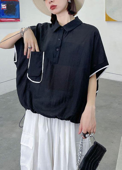 Black Pockets Peter Pan Collar Button Cotton Top Summer