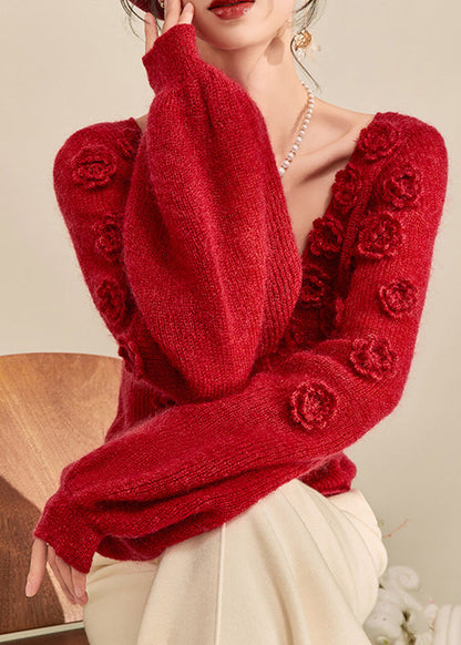 Style Red V Neck Drawstring Cotton Knit Sweater Lantern Sleeve
