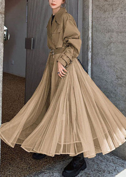 Khaki Peter Pan Collar Tulle Patchwork Cotton Trench Coat Long Sleeve