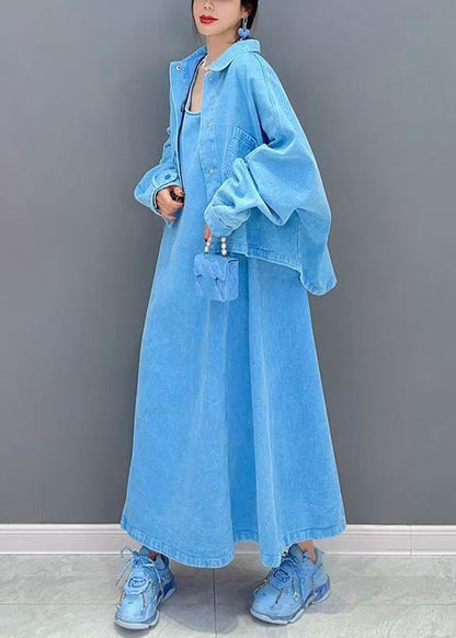 Blue Patchwork Button Coats and Maxi Dresses Two-piece Set Fall