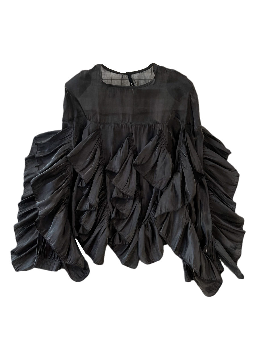 Black O-neck Ruffled Patchwork Button Silk Top Long Sleeve Spring