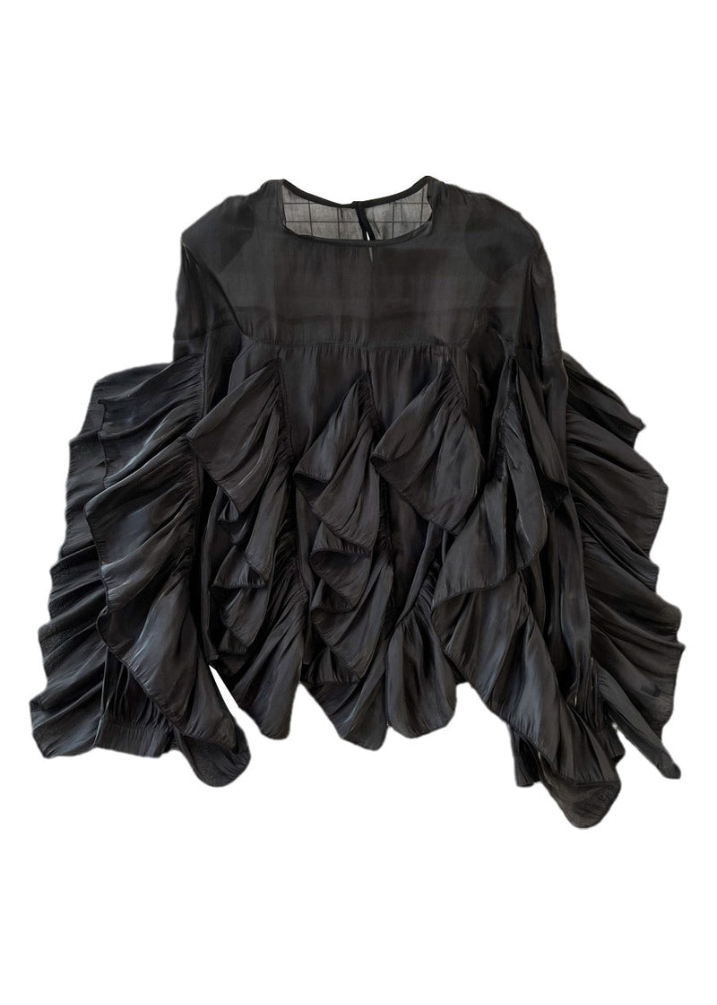 Black O-neck Ruffled Patchwork Button Silk Top Long Sleeve Spring