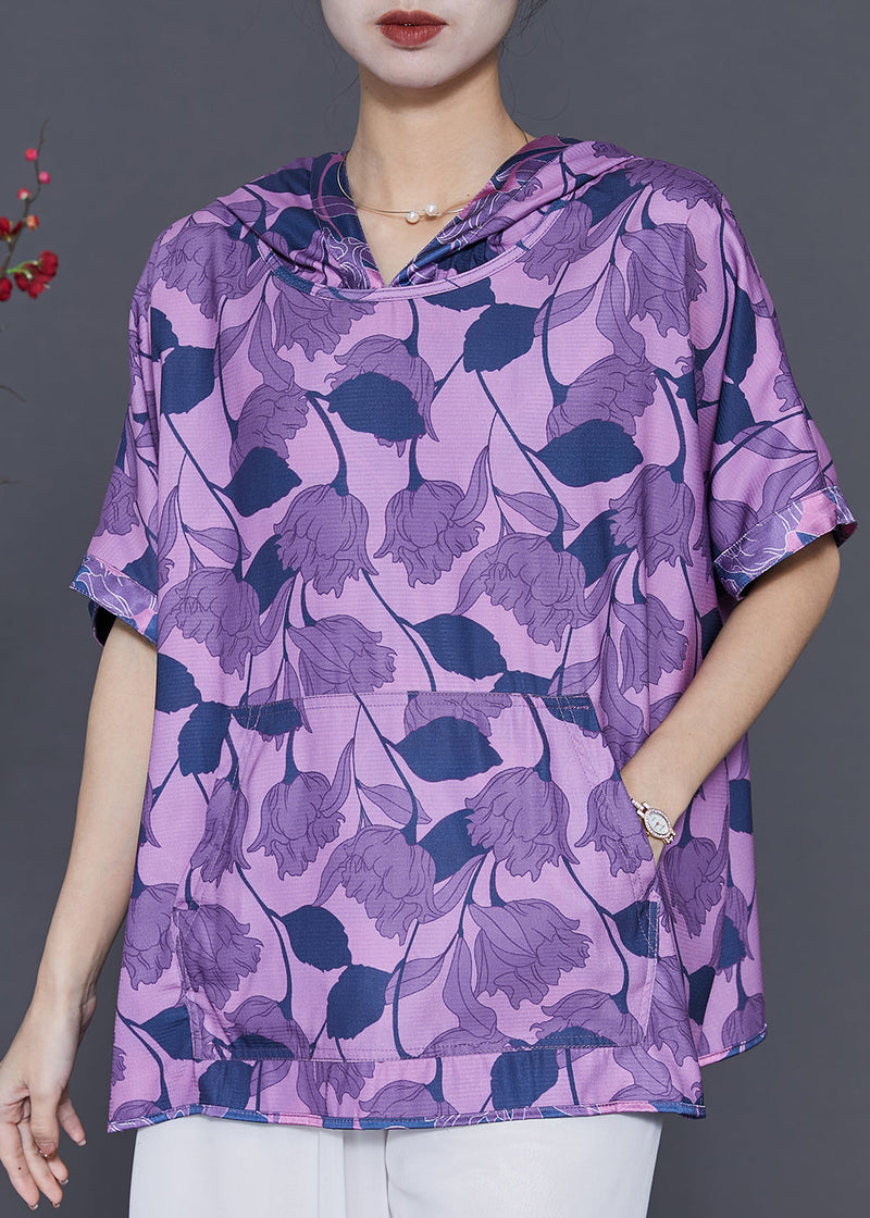 Purple Print Silk Sweatshirts Top Hooded Summer