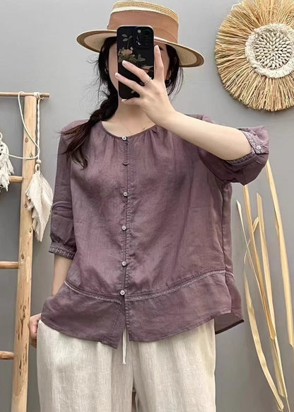 Beige O-neck Patchwork Cotton Shirt Top Summer