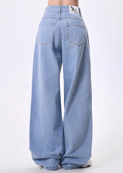 Diy Blue Animal Embroidered Denim Straight Pants Spring