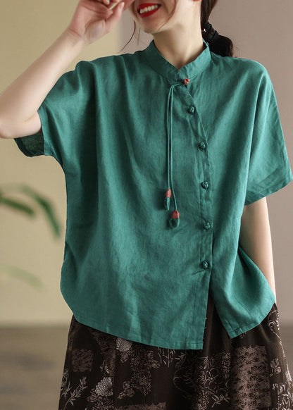 Green Stand Collar Tassel Asymmetrical Design Linen Shirts Short Sleeve