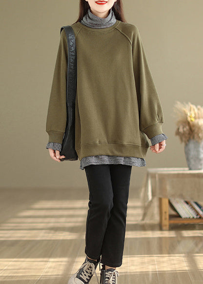 Green Hign Neck Patchwork Warm Fleece Pullover Winter