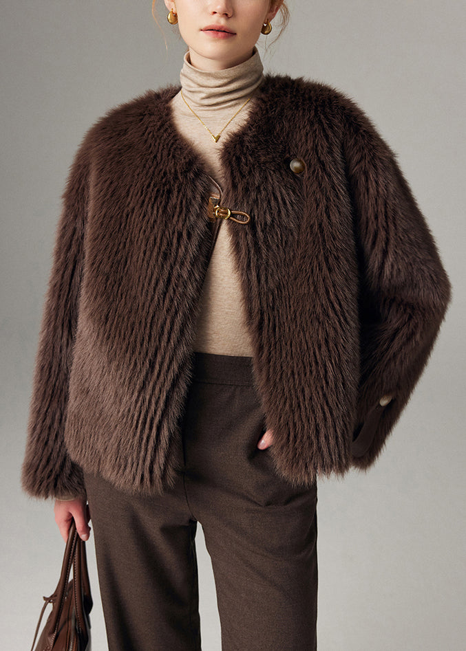 Chocolate O Neck Button Leather and Fur Coats Winter