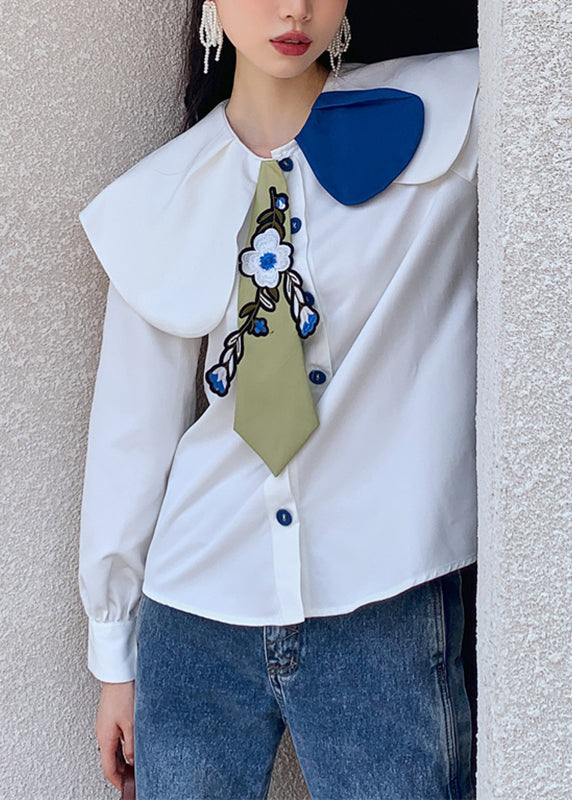 Fitted White Peter Pan Collar Embroideried Button Satin Shirt Long Sleeve