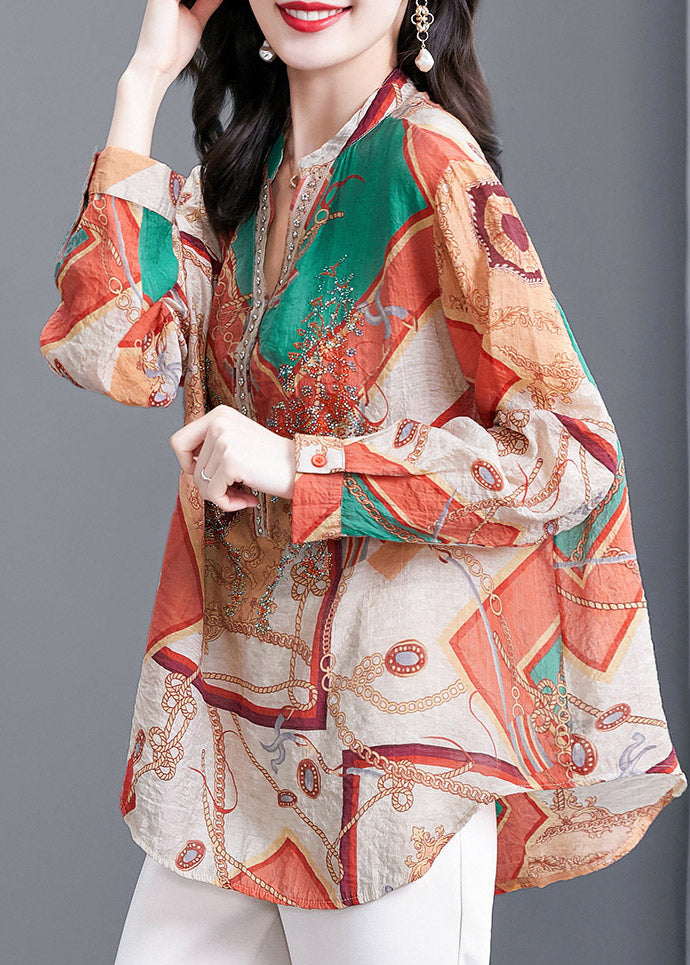 Multi Print V Neck Button Chiffon Blouse Tops Long Sleeve